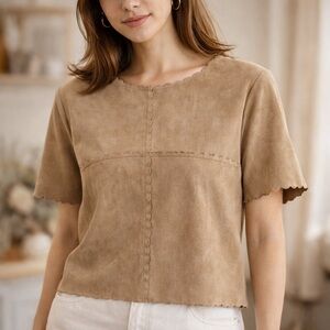 United Colors of Benetton Faux Suede Scalloped Top Size M Neutral Minimalist